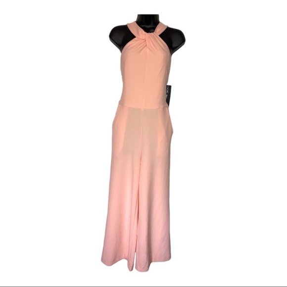 Rachel Roy pink blush crepe halter wide leg twist front midi jumpsuit size large - Picture 1 of 16